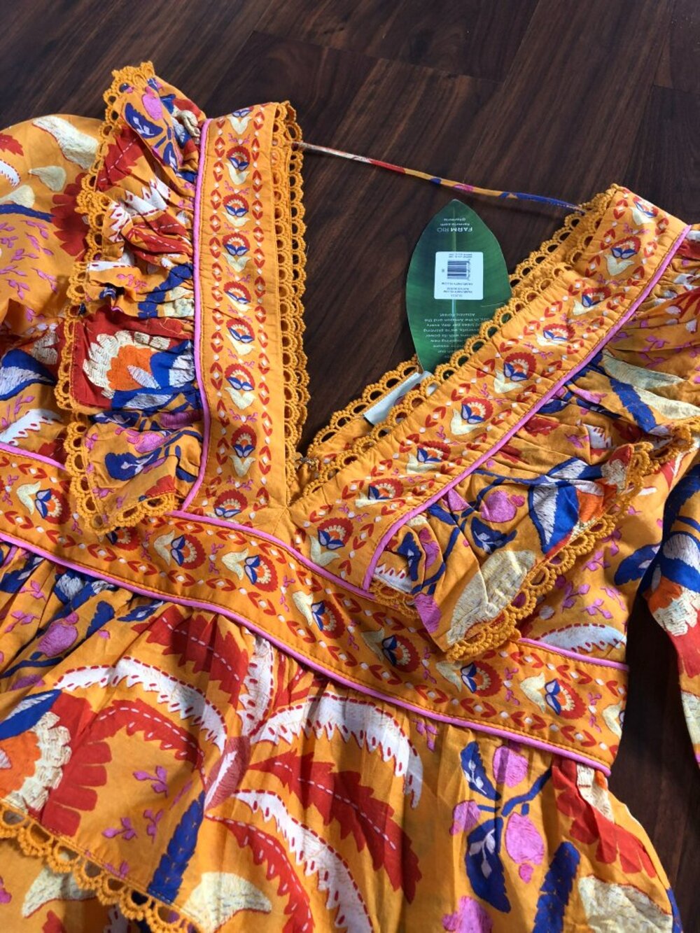 NWT FARM Rio Palms Party Yellow Orange Ruffled Blouse size M
